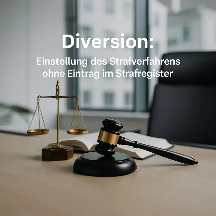Richterhammer und Waage im Gerichtssaal – Symbol für Diversion ohne Schuldspruch und Einstellung des Strafverfahrens ohne Eintrag im Strafregister
