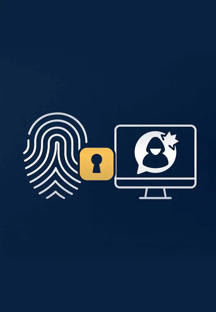 Symbolgrafik zur Messengerüberwachung: Fingerabdruck, Sicherheitsschloss und Computerbildschirm mit Chat-Symbol – Quellen-TKÜ und Datenschutz.