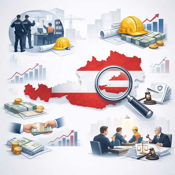 Illustration von Österreich mit Lupe, umgeben von Bauhelmen, Bargeld, Polizei, Gerichtssymbolen und steigenden Diagrammen.