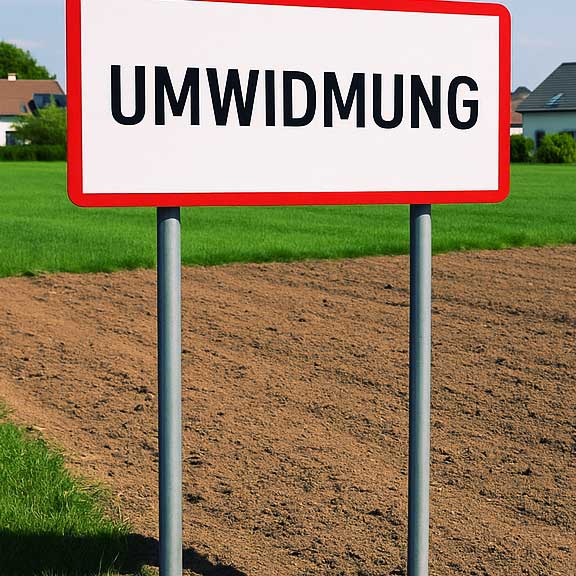 Schild mit der Aufschrift „Umwidmung“ steht vor gepflügtem Feld und grüner Wiese – symbolisiert Landnutzungsänderung und den schnellen Übergang ins Strafrecht bei Verstößen
