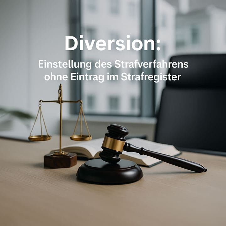 Richterhammer und Waage im Gerichtssaal – Symbol für Diversion ohne Schuldspruch und Einstellung des Strafverfahrens ohne Eintrag im Strafregister