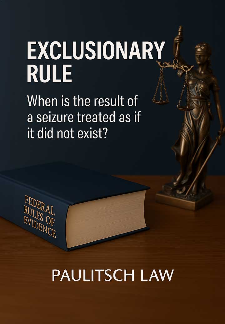 Exclusionary Rule Evidence – Seizure of Data Carriers / Data – When are results legally inadmissible? Symbol of Lady Justice and law book.