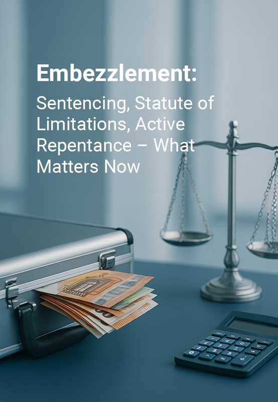Briefcase with euro banknotes, scales and calculator – Embezzlement: penalties, limitation & active remorse