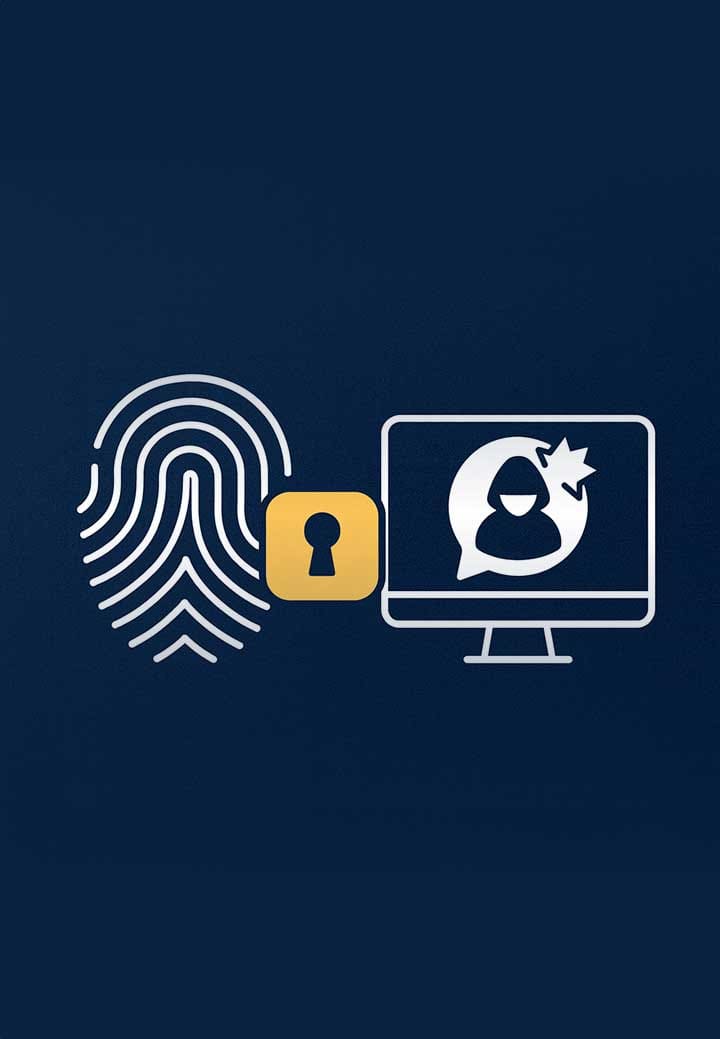 Symbolgrafik zur Messengerüberwachung: Fingerabdruck, Sicherheitsschloss und Computerbildschirm mit Chat-Symbol – Quellen-TKÜ und Datenschutz.